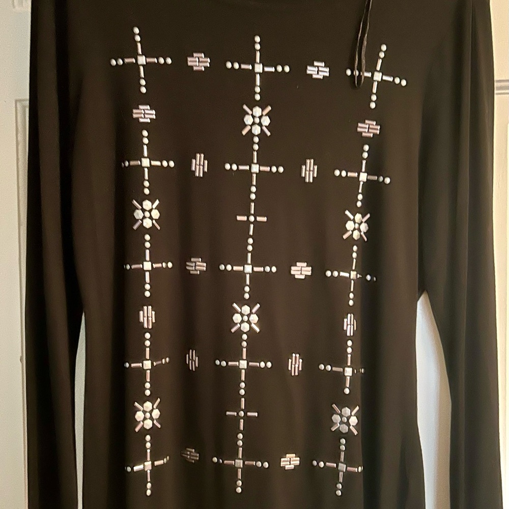 Black Vince Camuto Long Sleeve Top with Silver Embellishments, Medium